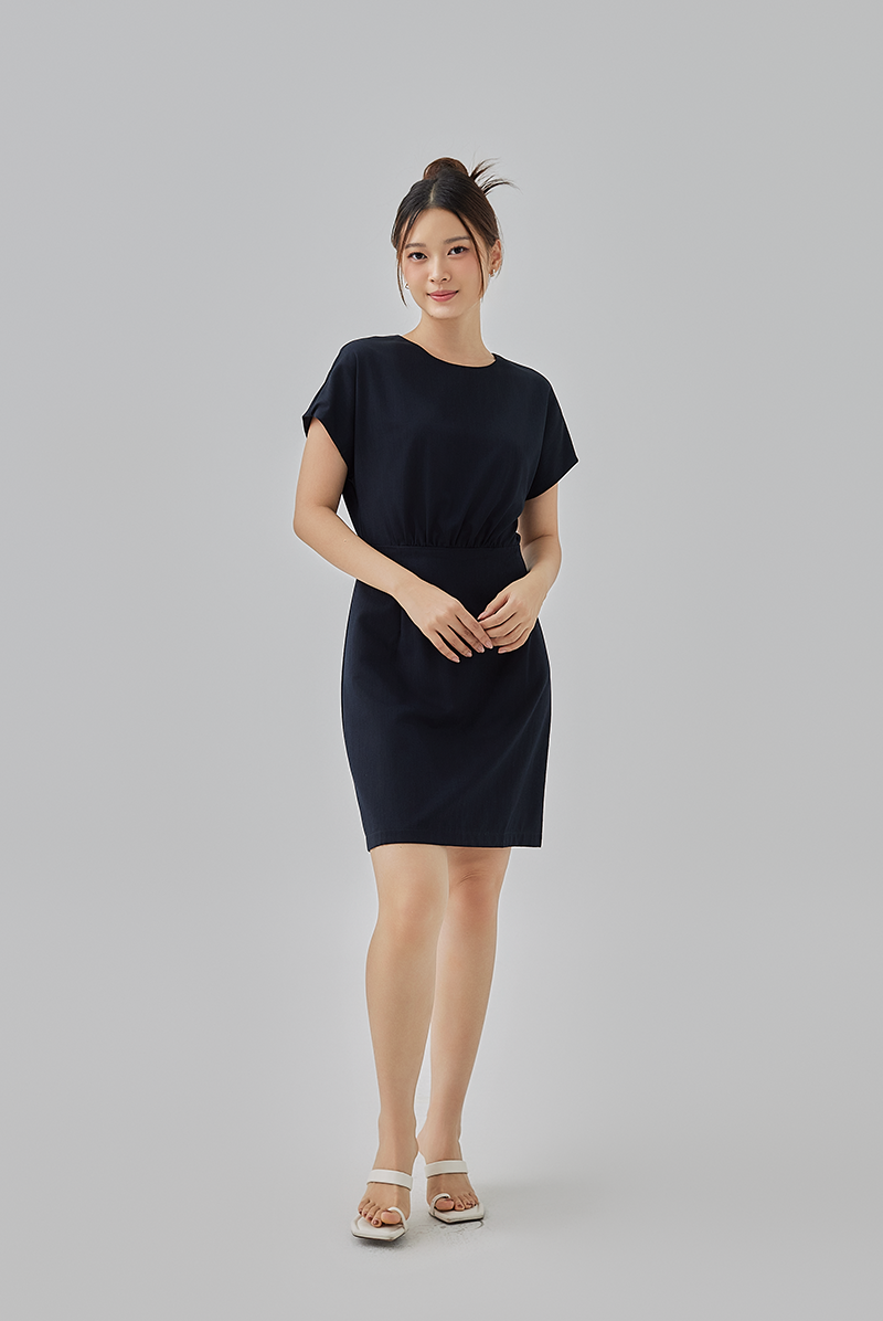 Chelsia Gathered Waist Mini Dress in Navy Blue 