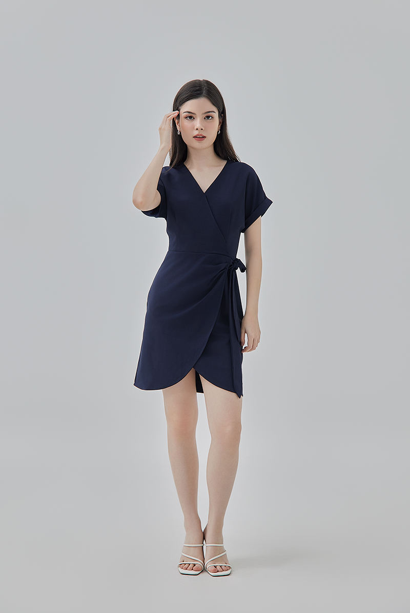 Meris Curved Hem Wrap Dress in Navy Blue