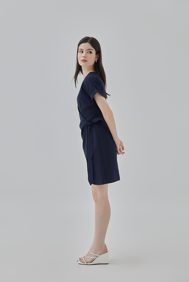 Meris Curved Hem Wrap Dress in Navy Blue