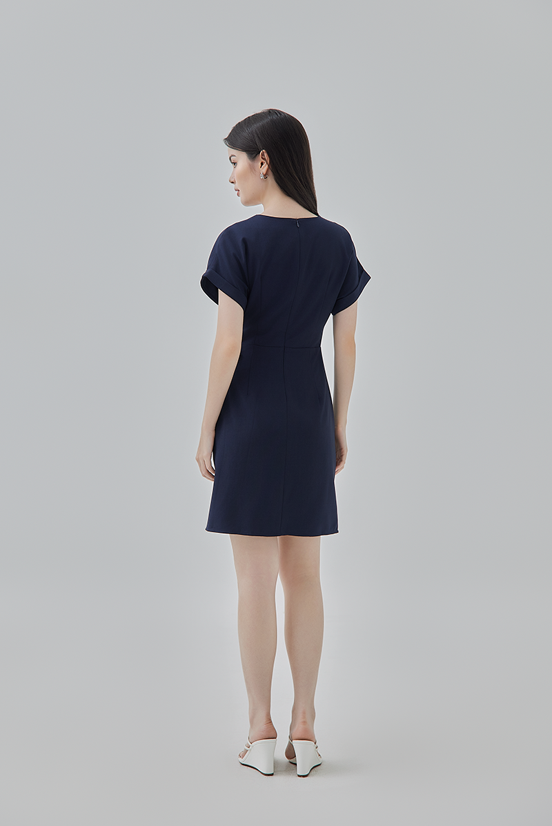 Meris Curved Hem Wrap Dress in Navy Blue