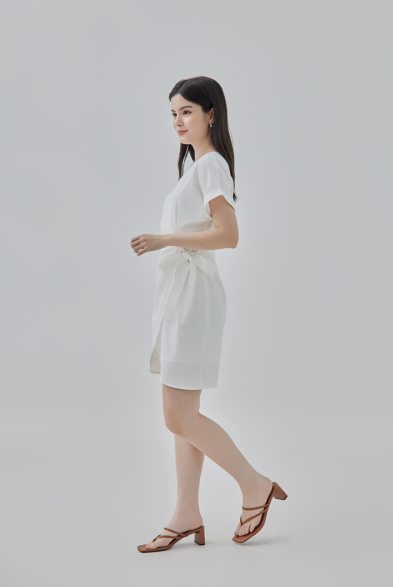 Meris Curved Hem Wrap Dress in White