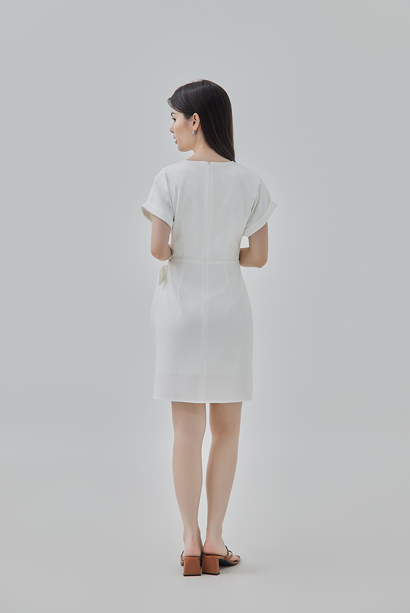 Meris Curved Hem Wrap Dress in White