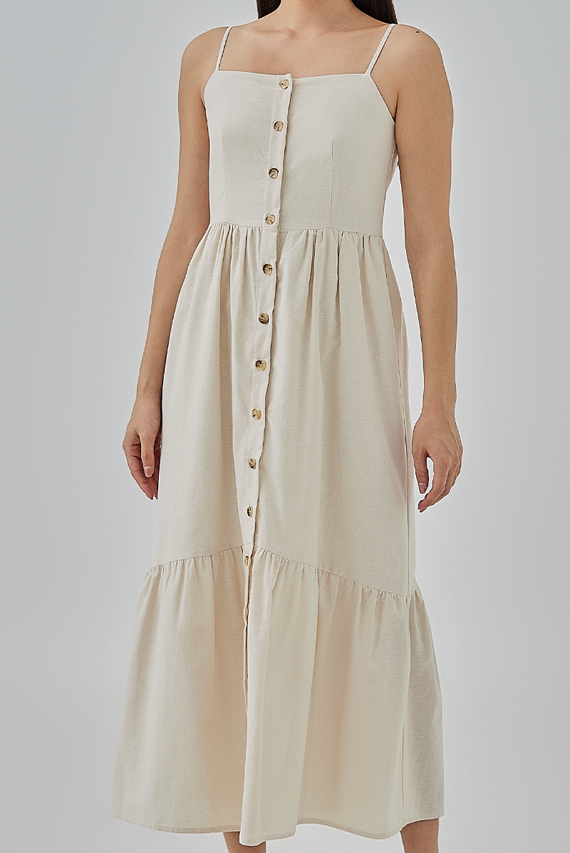 Aaleyah Button-Up Tiered Dress in Truffle