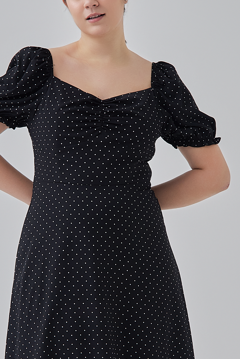 Sarah Ruched Polka Dots Dress in Black