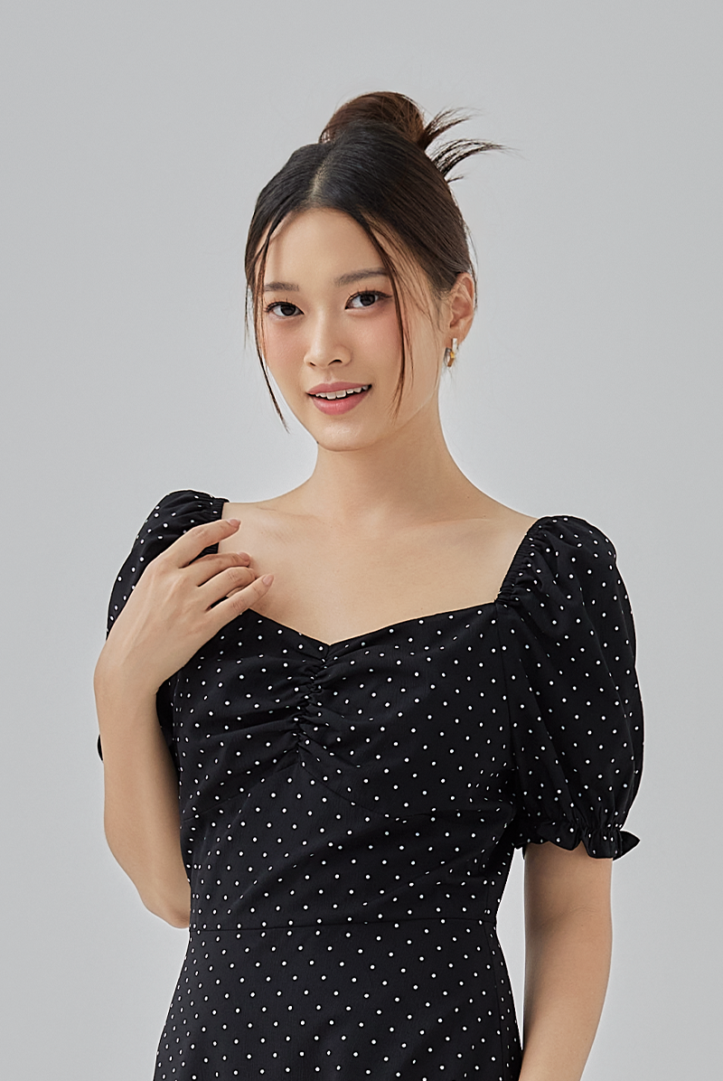 Sarah Ruched Polka Dots Dress in Black