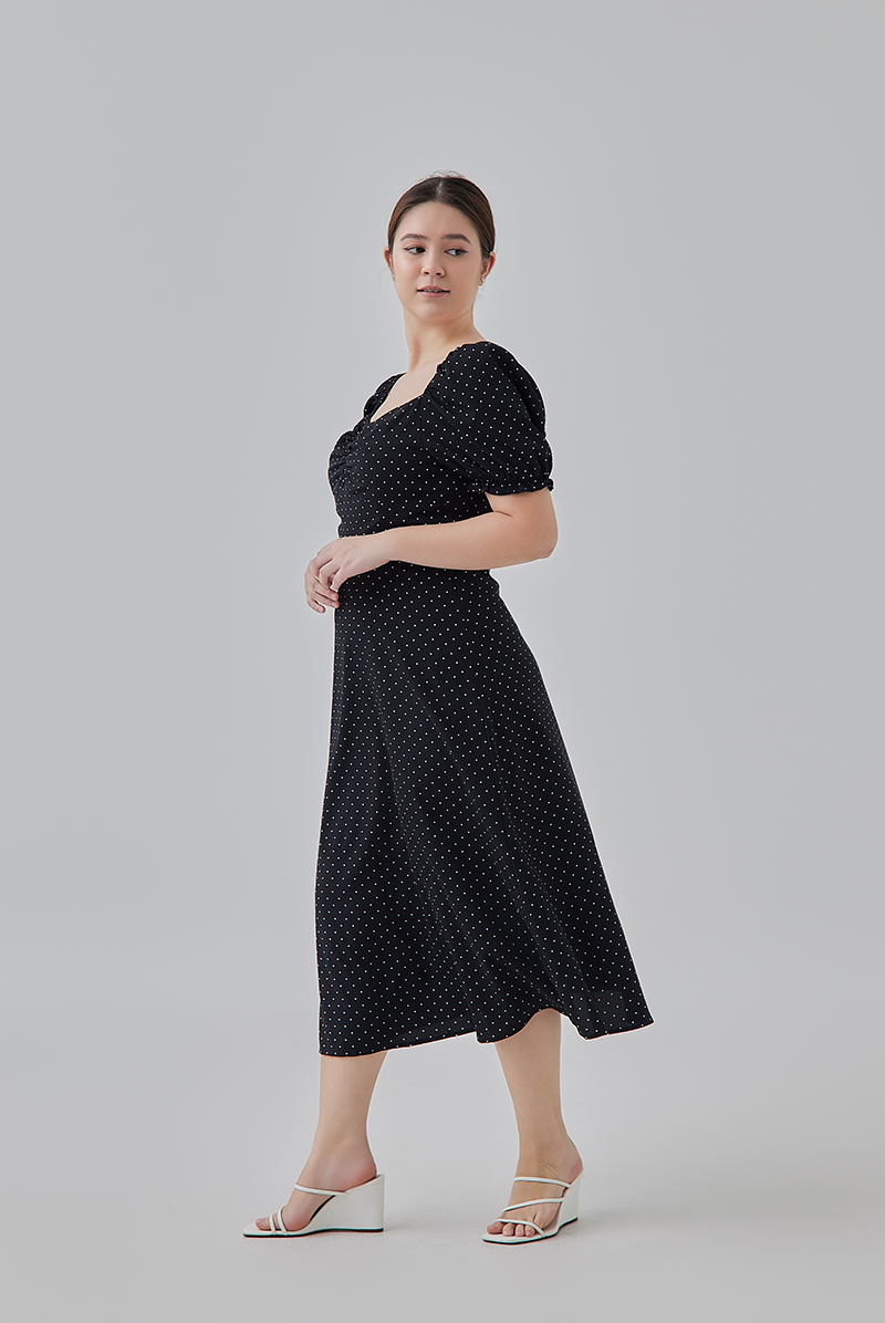 Sarah Ruched Polka Dots Dress in Black