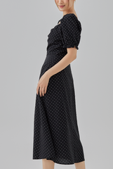 Sarah Ruched Polka Dots Dress in Black