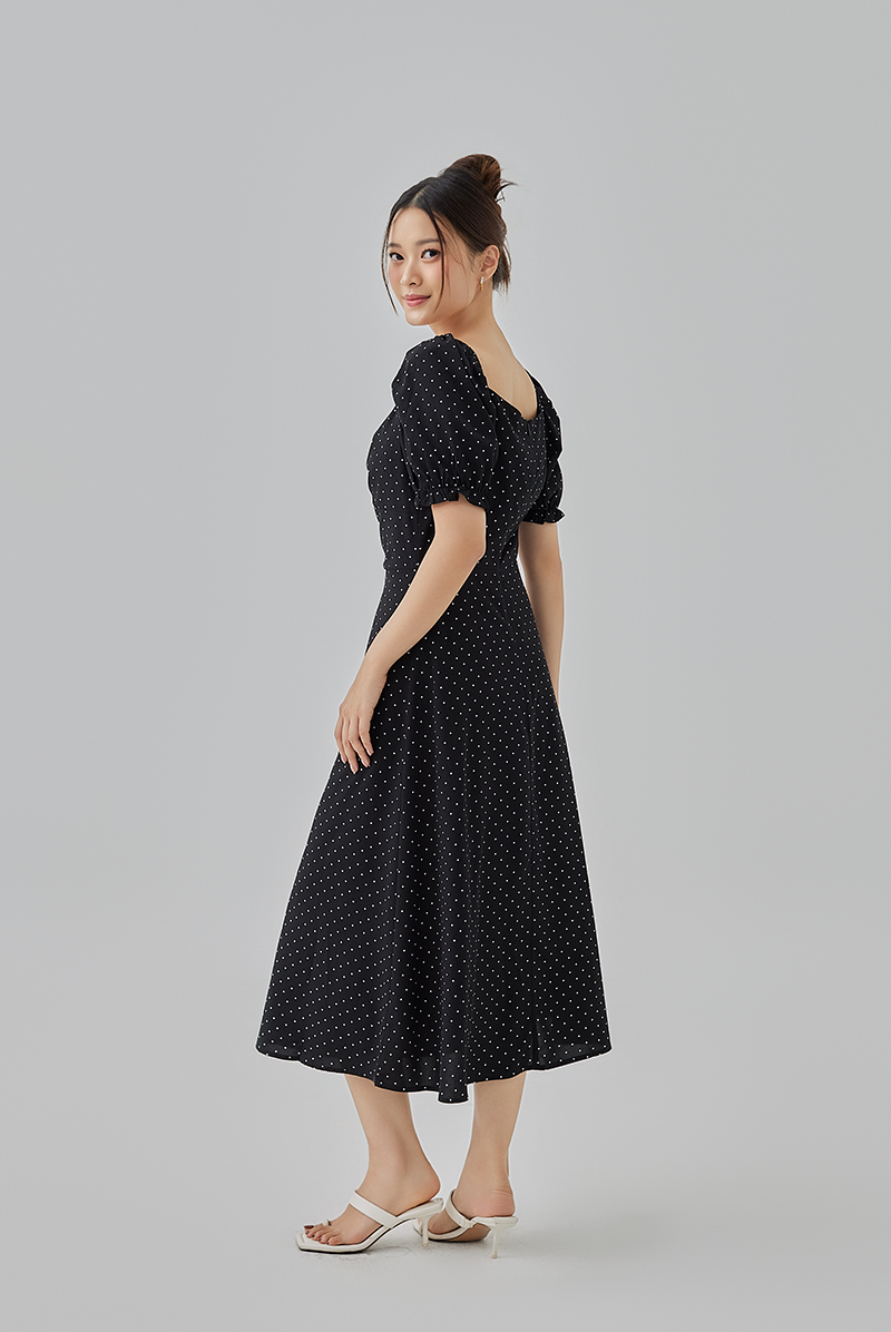 Sarah Ruched Polka Dots Dress in Black