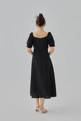 Sarah Ruched Polka Dots Dress in Black