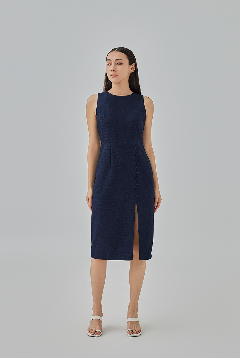 Laura Textured Pegged Dress in Navy Blue