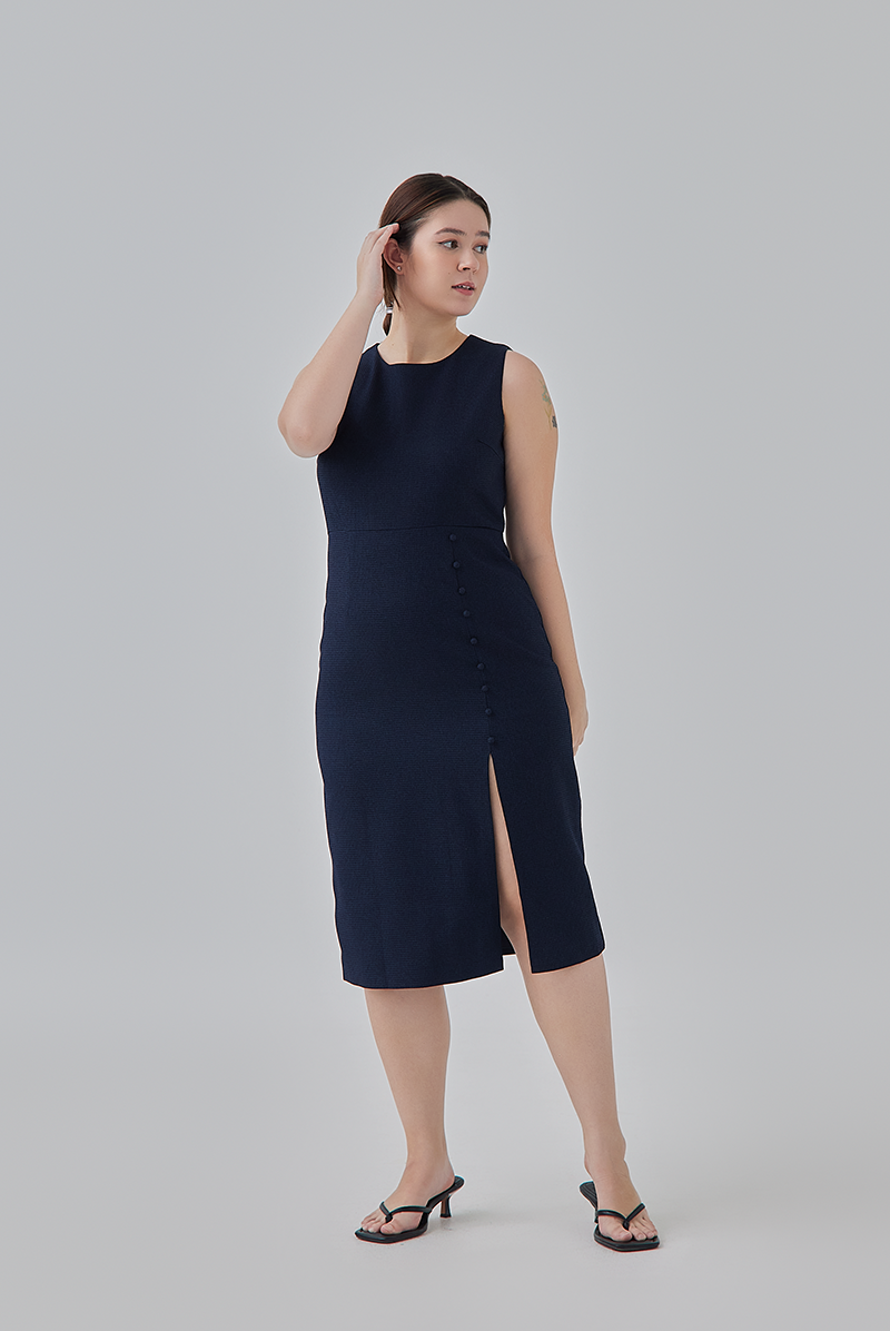 Laura Textured Pegged Dress in Navy Blue