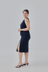 Laura Textured Pegged Dress in Navy Blue