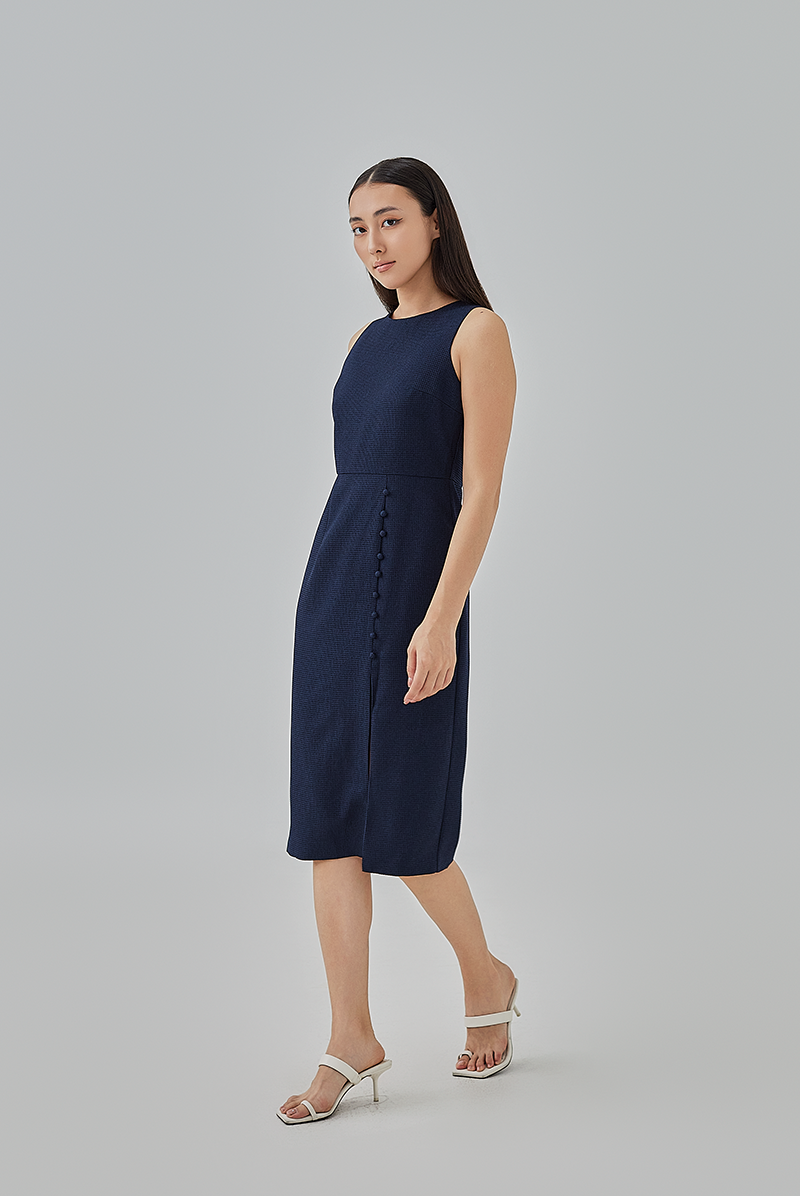 Laura Textured Pegged Dress in Navy Blue