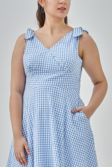 Reign Checkered Fit & Flare Midi Dress in Steel Blue