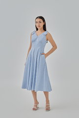 Reign Checkered Fit & Flare Midi Dress in Steel Blue