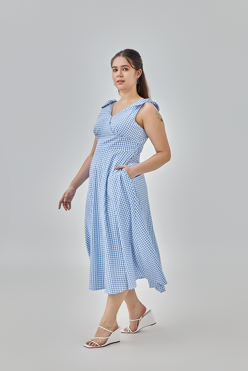 Reign Checkered Fit & Flare Midi Dress in Steel Blue