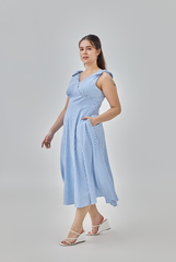 Reign Checkered Fit & Flare Midi Dress in Steel Blue