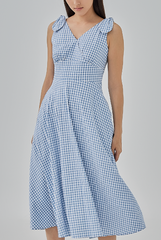 Reign Checkered Fit & Flare Midi Dress in Steel Blue