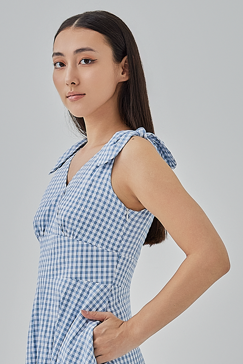 Reign Checkered Fit & Flare Midi Dress in Steel Blue