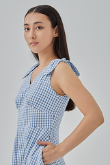 Reign Checkered Fit & Flare Midi Dress in Steel Blue