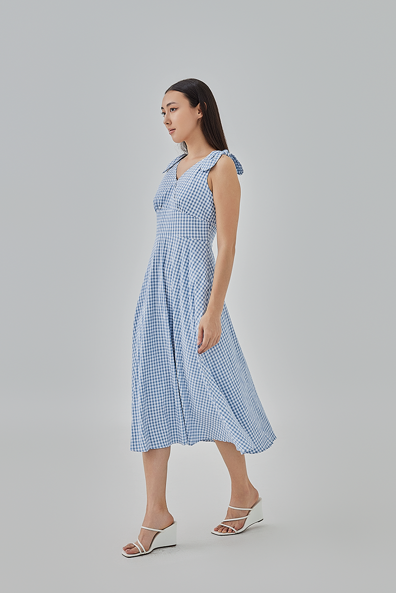 Reign Checkered Fit & Flare Midi Dress in Steel Blue