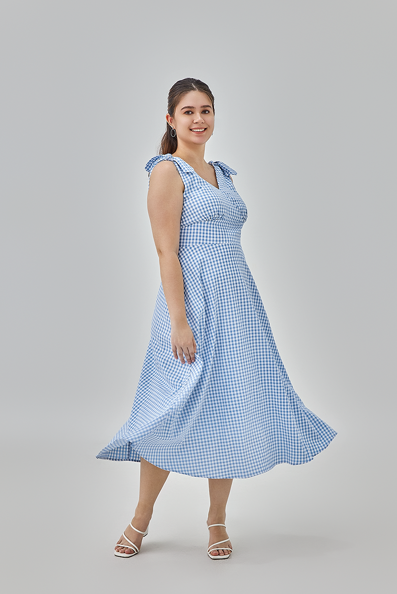 Reign Checkered Fit & Flare Midi Dress in Steel Blue