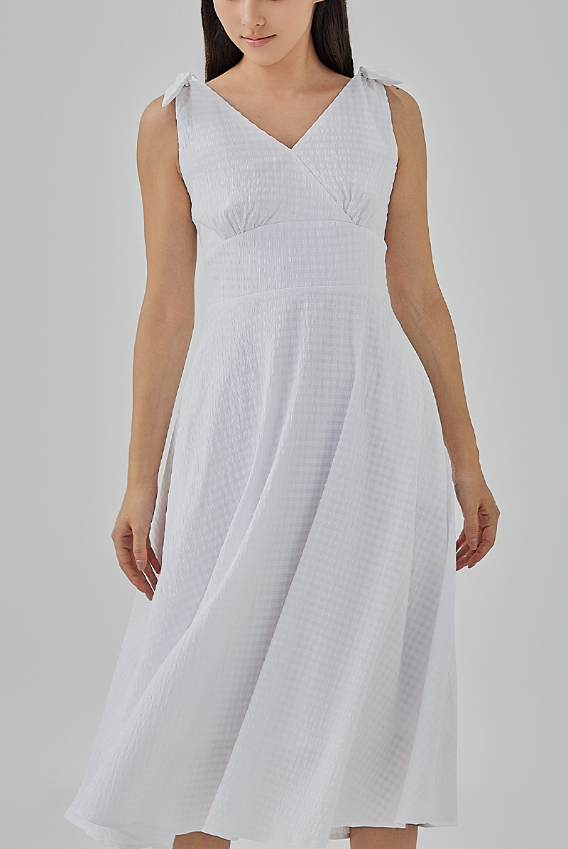 Reign Checkered Fit & Flare Midi Dress in White