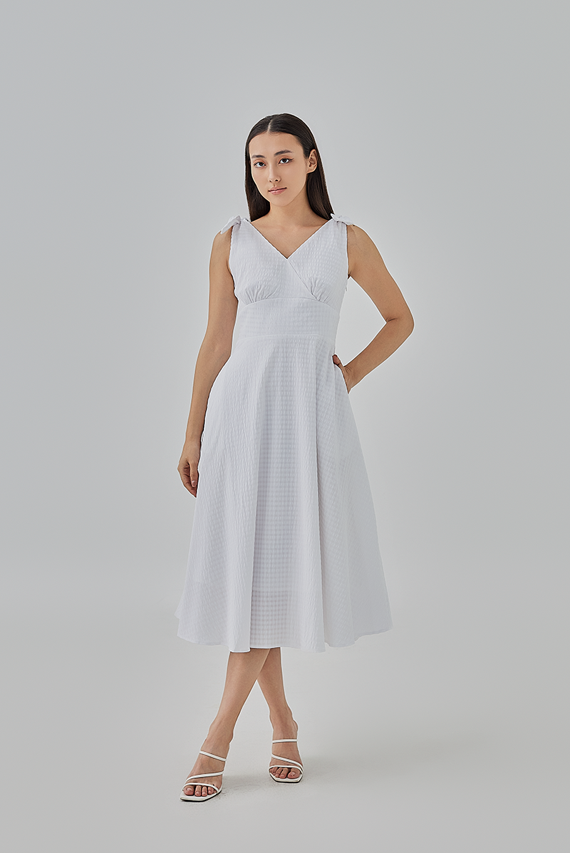 Reign Checkered Fit & Flare Midi Dress in White