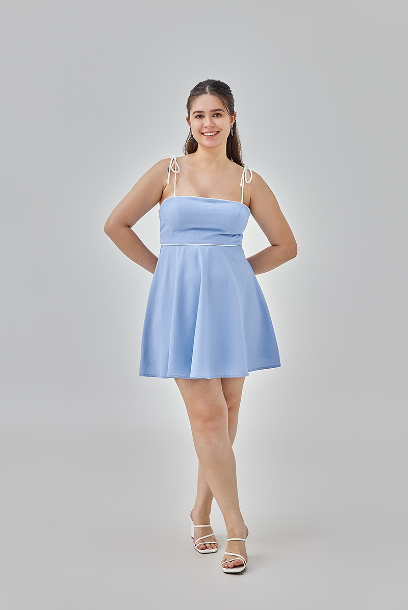 Ayleen Contrast Binding Skater Dress in Chambray Blue