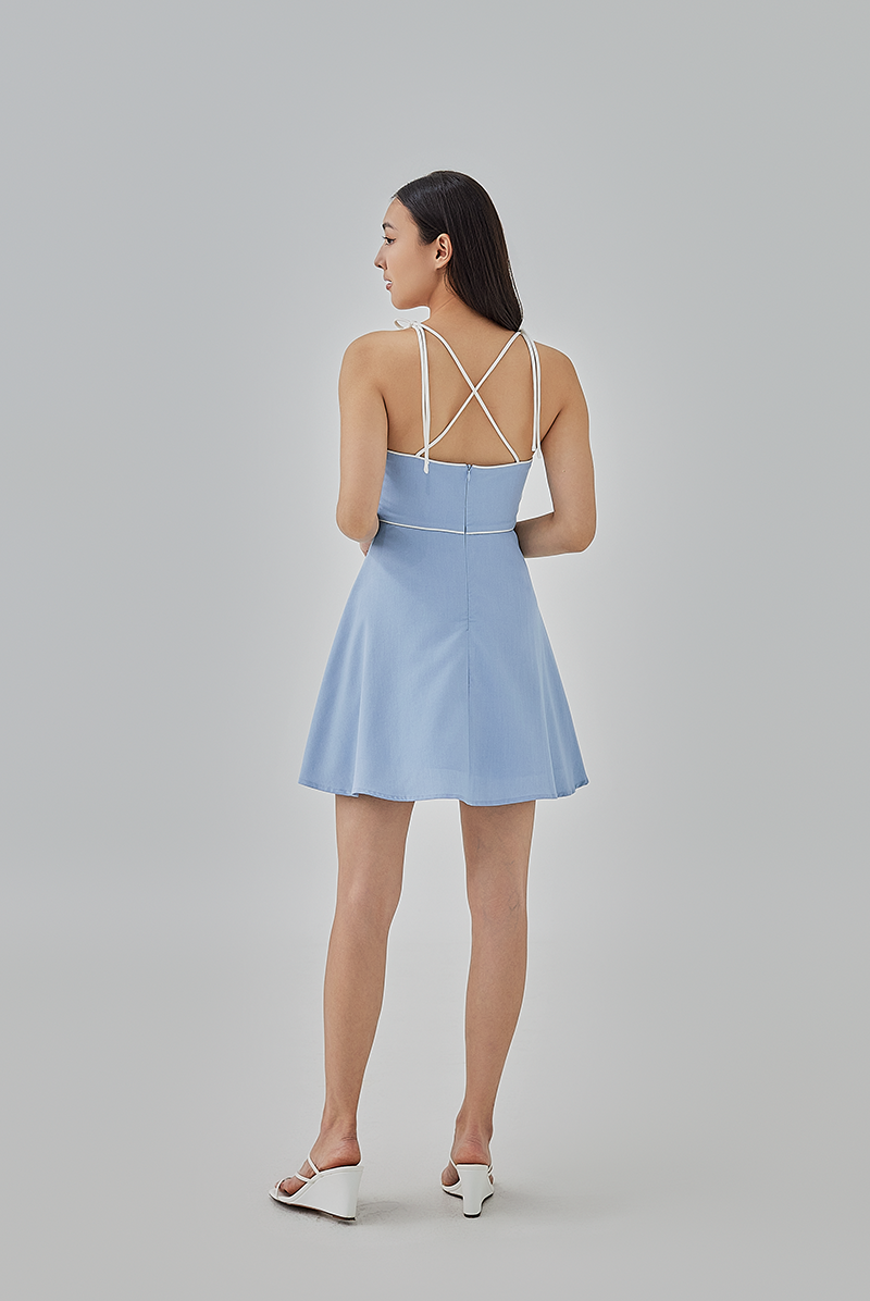 Ayleen Contrast Binding Skater Dress in Chambray Blue