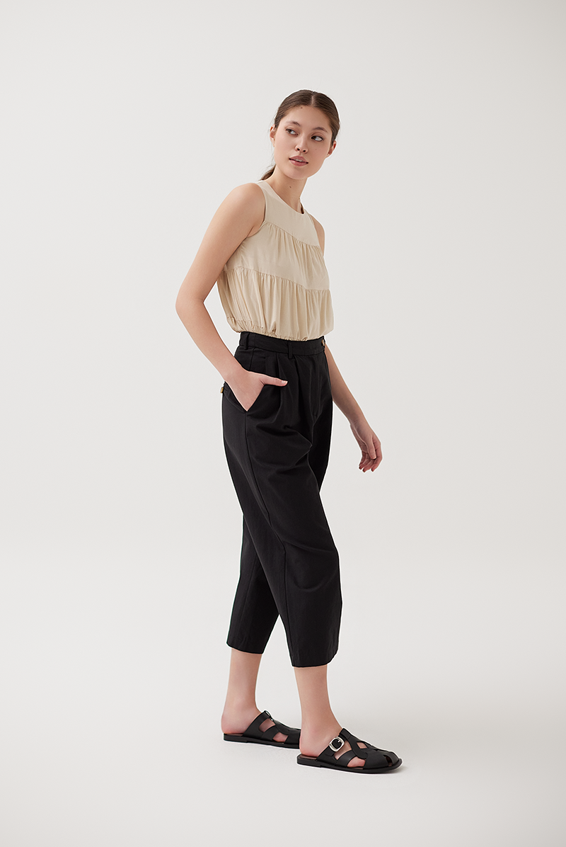 Overlapped Waistband Cropped Pants in Black