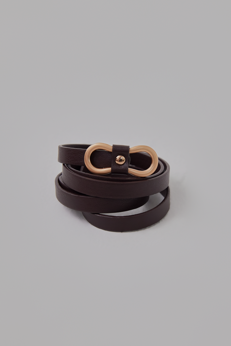 Double Buckle Thin Leather Belt in Chocolate