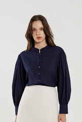 Stand Collar Cotton Shirt in Navy Blue