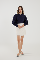 Stand Collar Cotton Shirt in Navy Blue