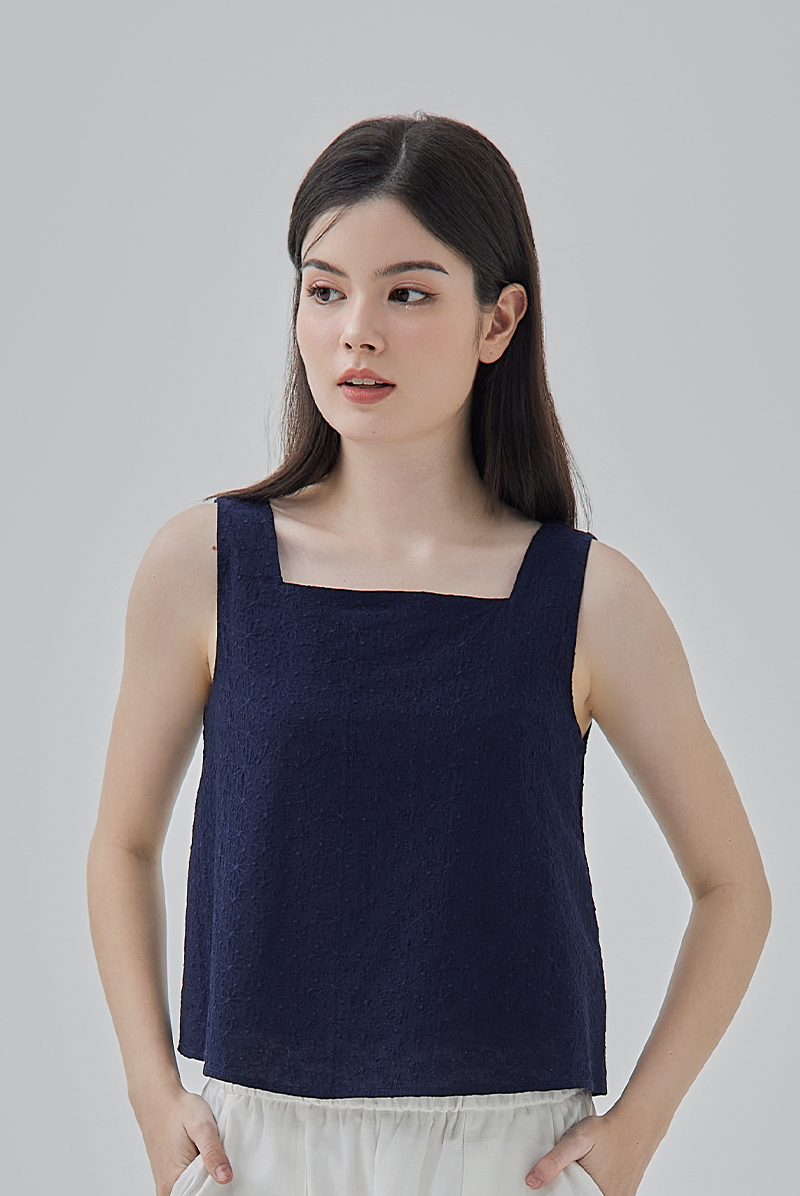 Adrianlyn Floral Embroidered Top in Navy Blue