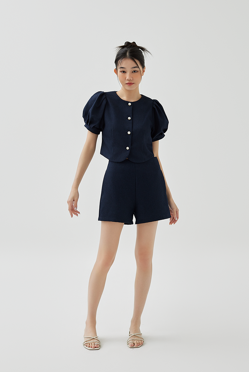 Fay Pleated Puff Sleeve Textured Top in Navy Blue