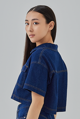 Harley Collared Denim Crop Top in Dark Denim