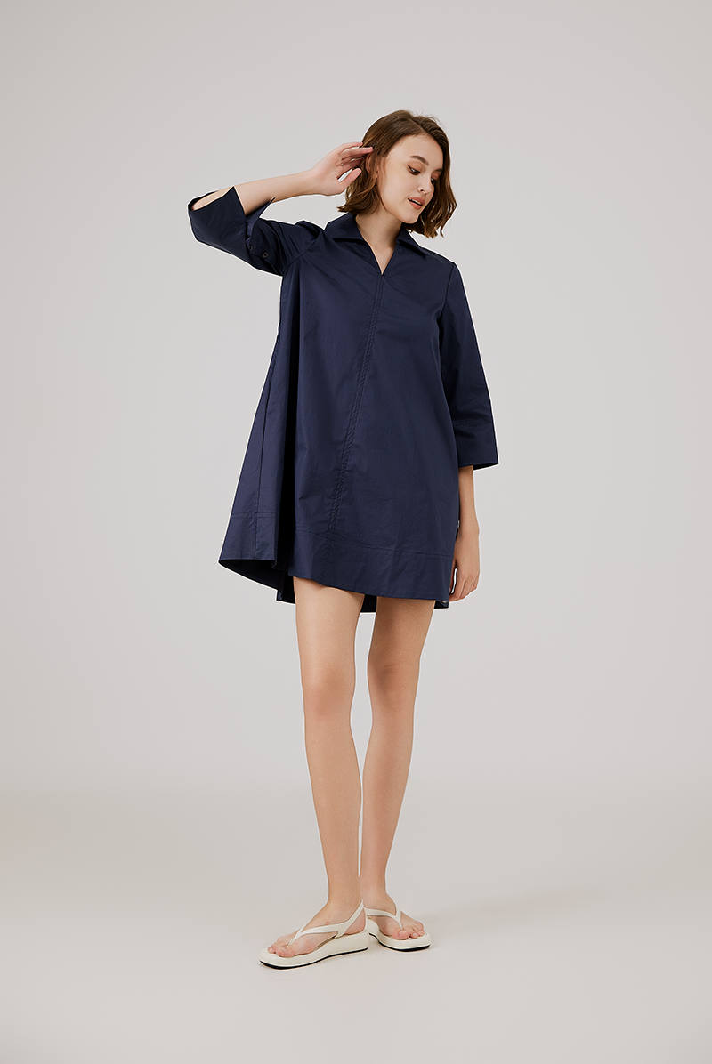 Inverted Back Pleat Dress in Navy Blue