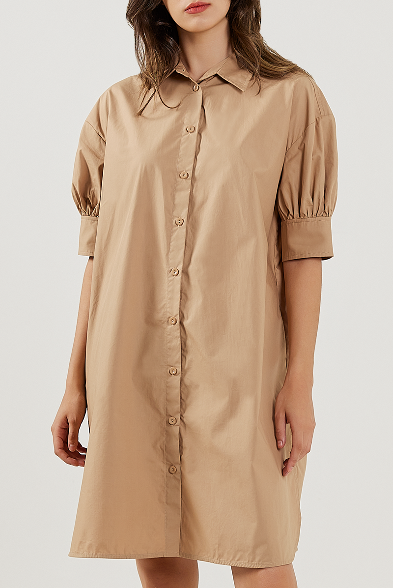 Button Down Peasant Sleeves Dress in Khaki