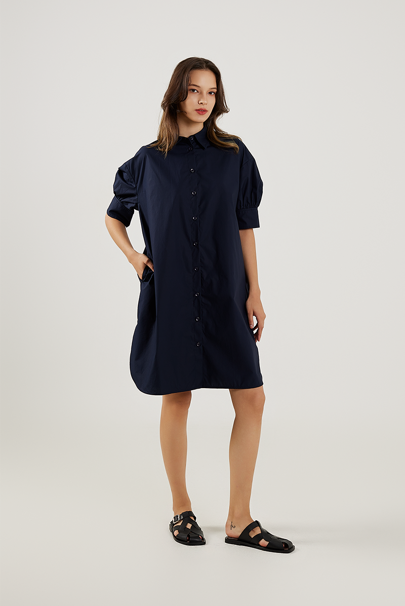 Button Down Peasant Sleeves Dress in NavyBlue
