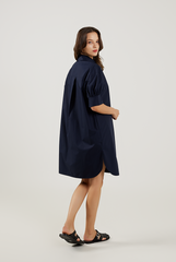 Button Down Peasant Sleeves Dress in NavyBlue