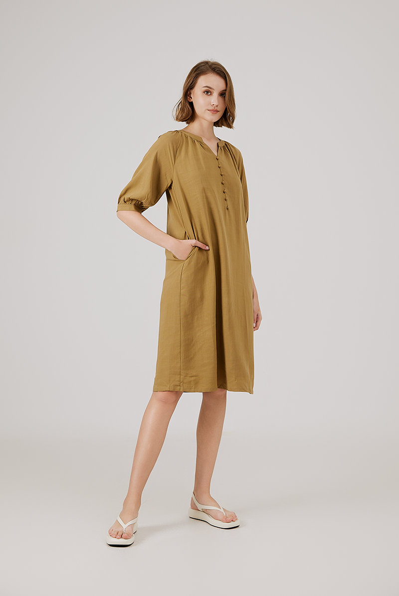 Button Front Dress in Golden Brown