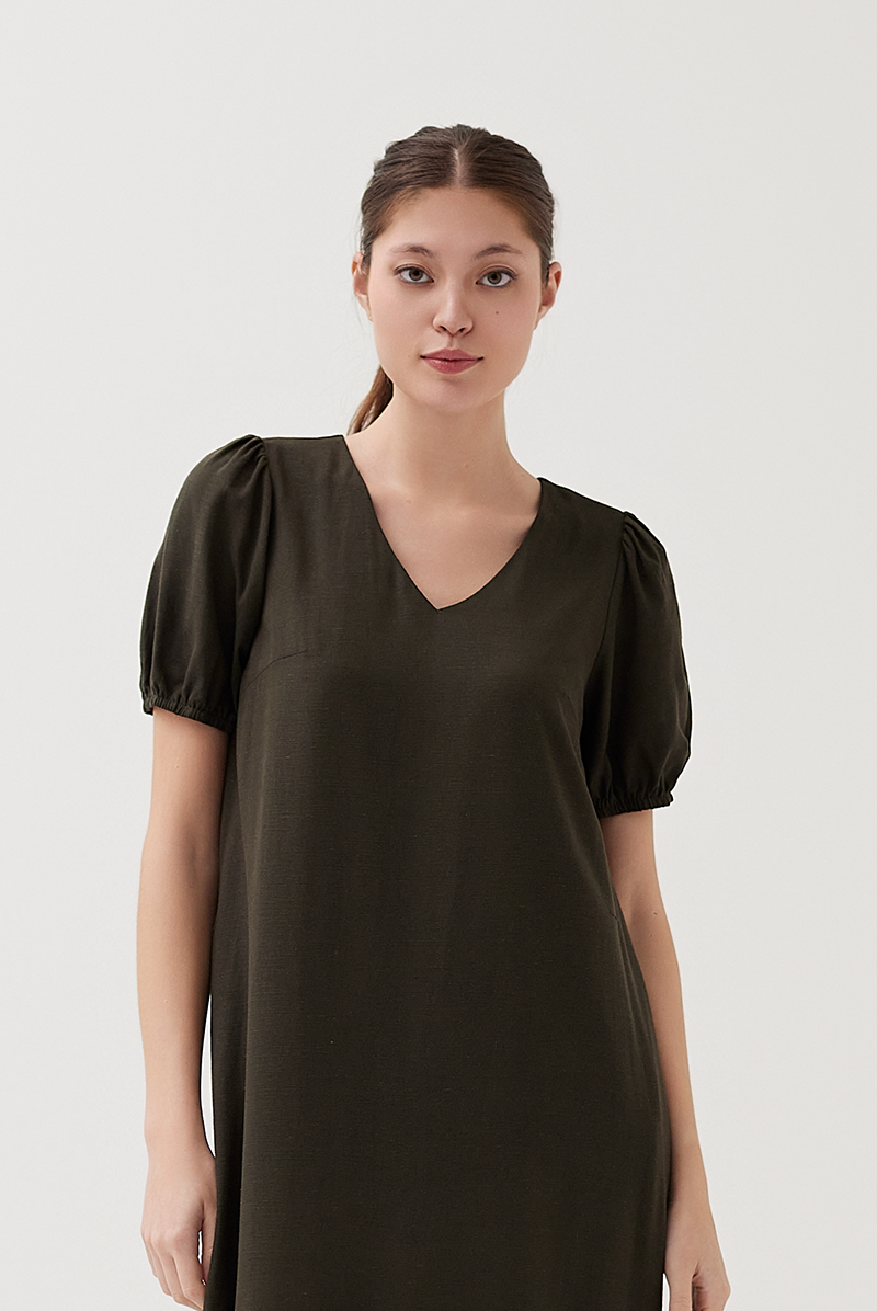 Puff Sleeves Drop Waist Dress in Seaweed