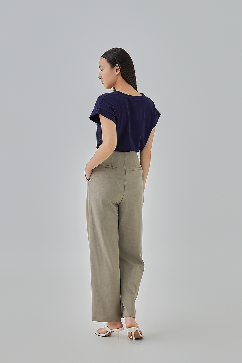 Aida Triple-Pleated Straight Leg Pants in Truffle