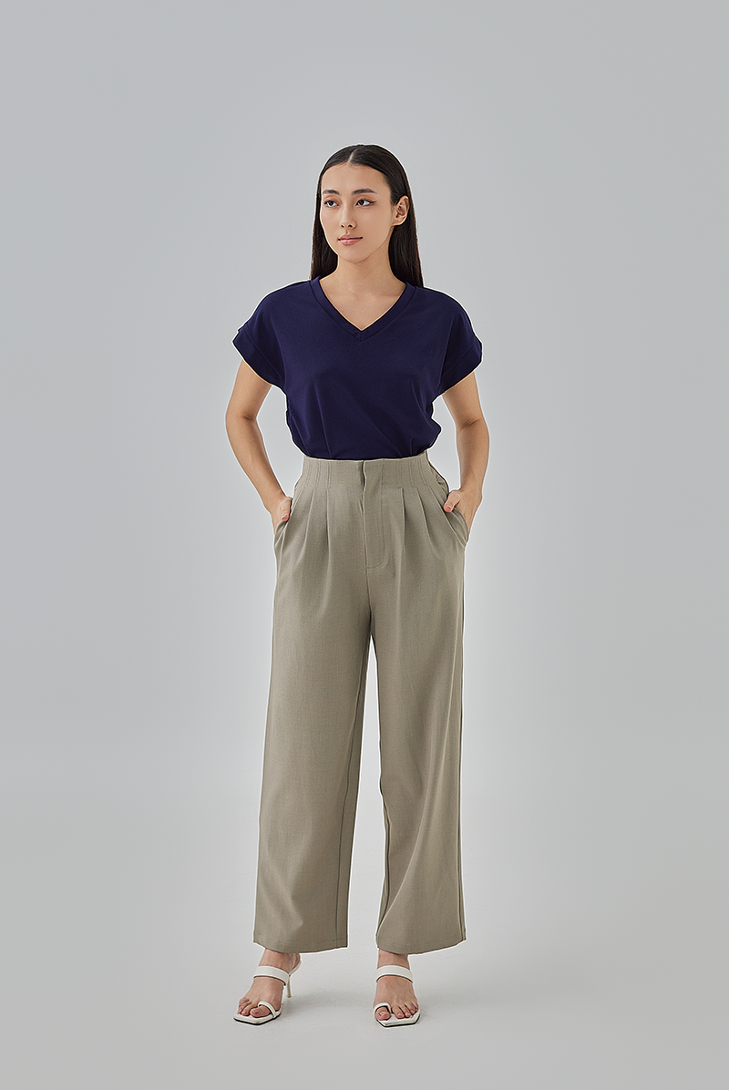 Aida Triple-Pleated Straight Leg Pants in Truffle