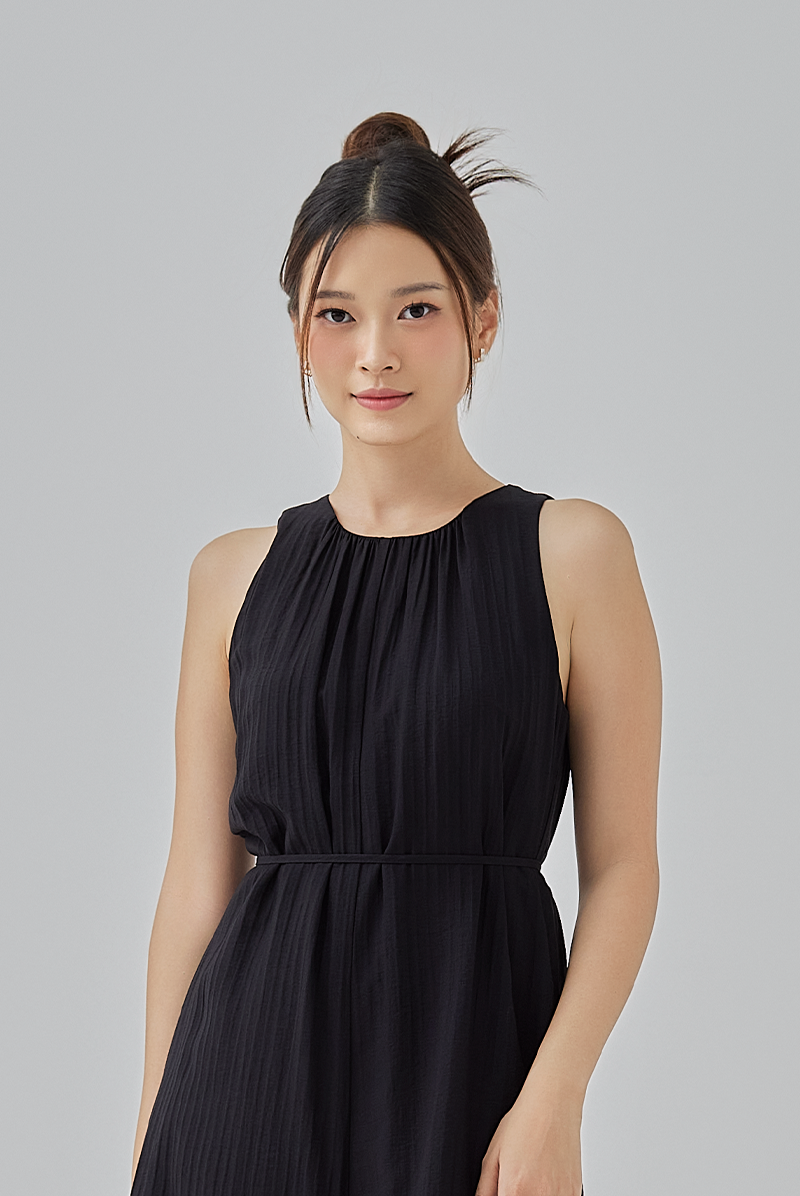 Clair Gathered Round Neck Jumpsuit in Black