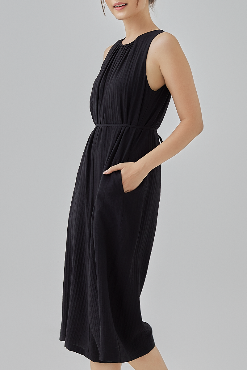 Clair Gathered Round Neck Jumpsuit in Black