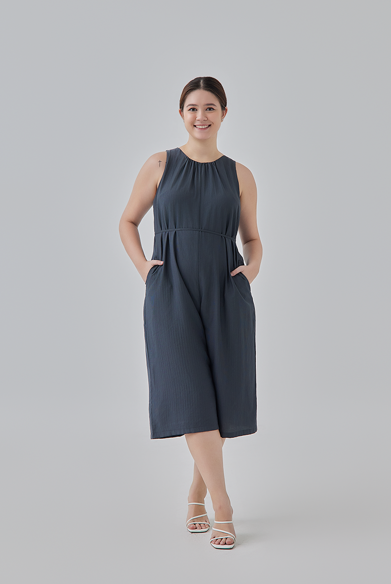 Clair Gathered Round Neck Jumpsuit in Dark Grey