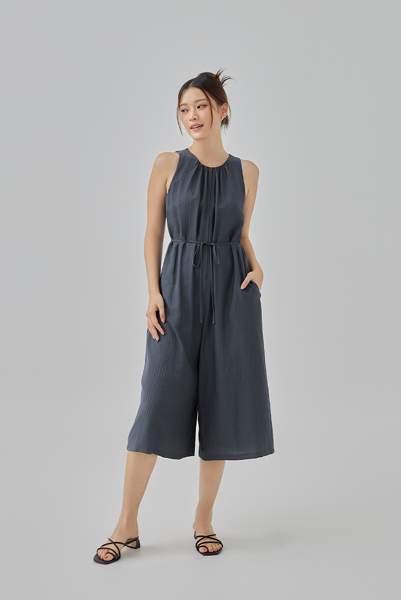 Clair Gathered Round Neck Jumpsuit in Dark Grey