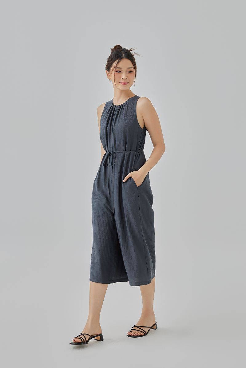 Clair Gathered Round Neck Jumpsuit in Dark Grey